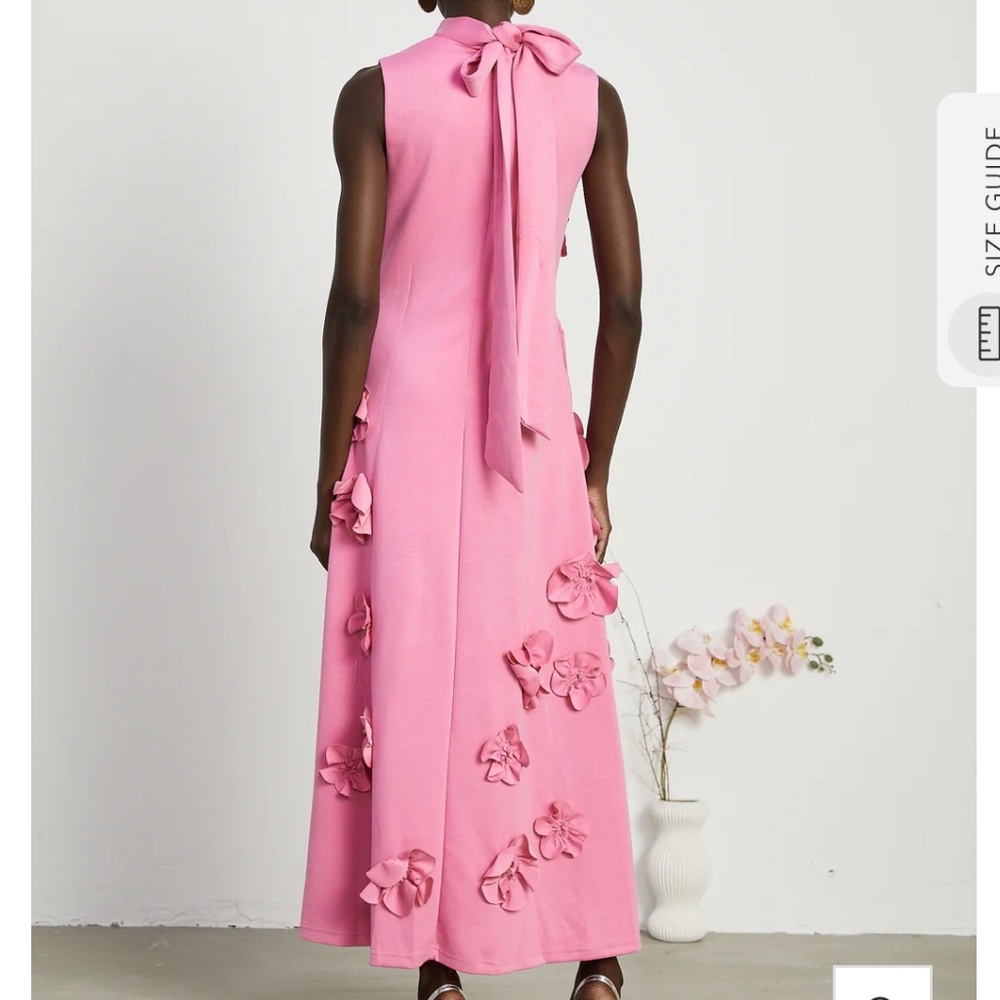 MAGALI BOW-TIE FAUX-FLOWER EMBELLISHED SLEEVELESS MAXI DRESS IN PINK - Picture 2 of 2